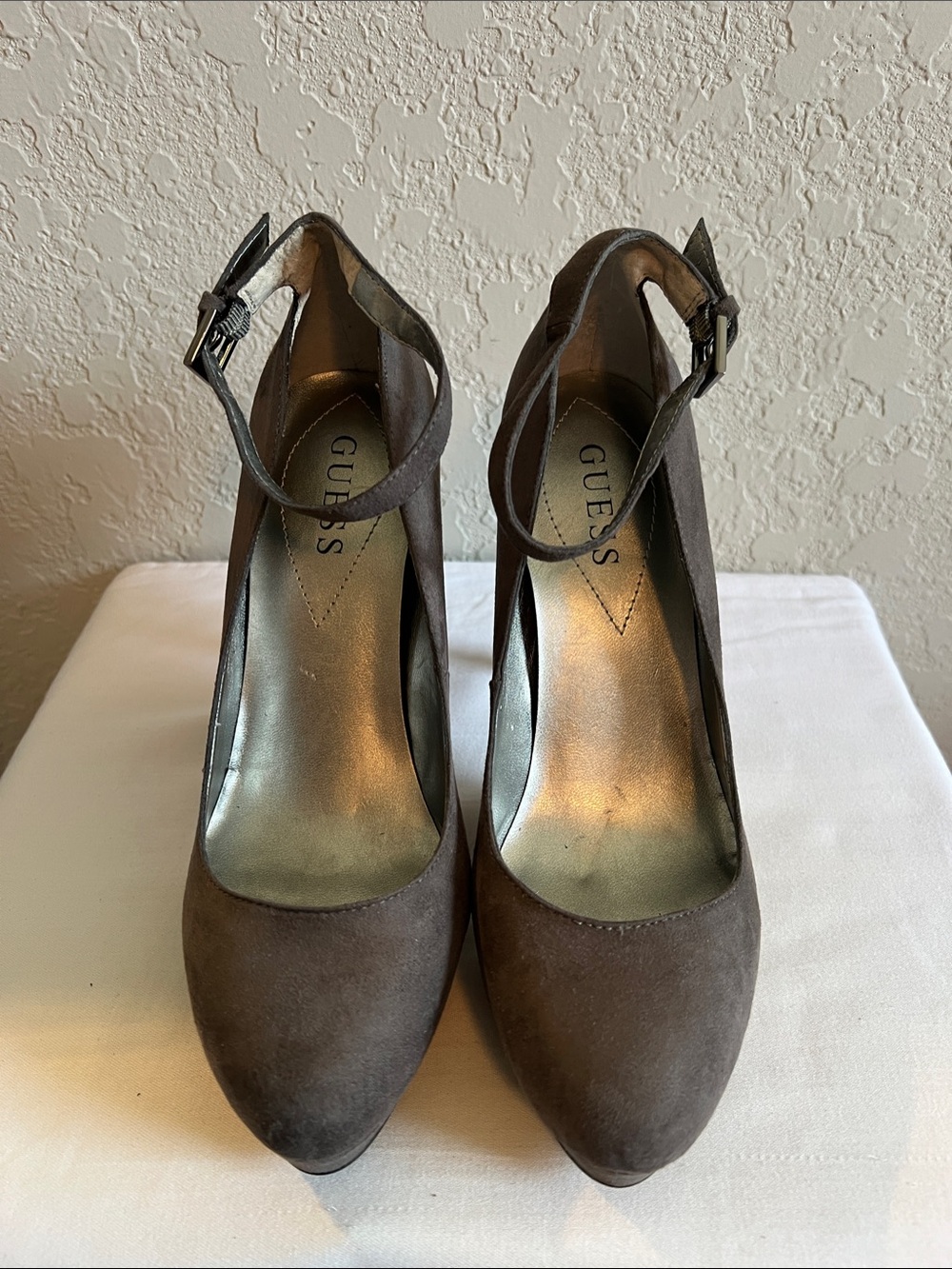 GUESS Gray Suede Ankle-Strap Platform Pumps